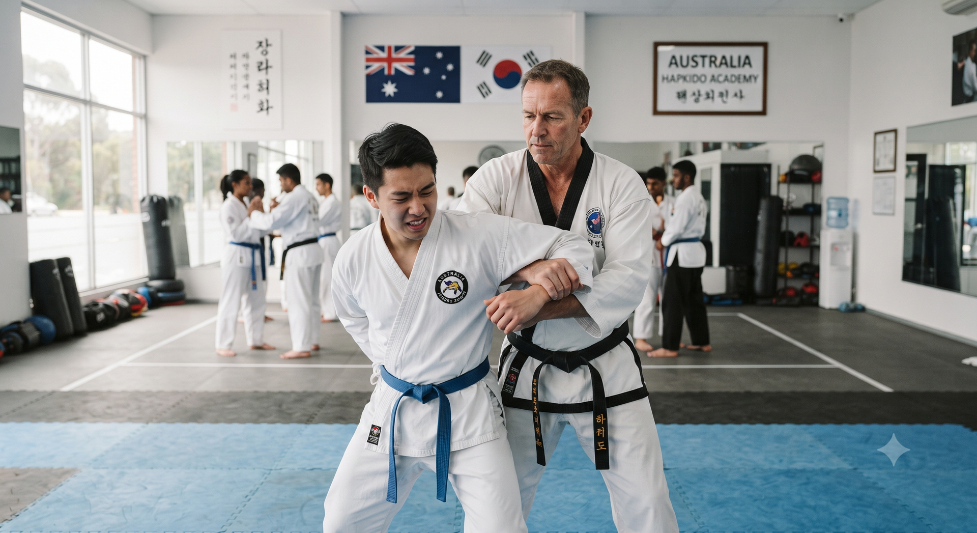 Martial arts instructor demonstrating a move with a student in a dojo, with flags on the wall.
