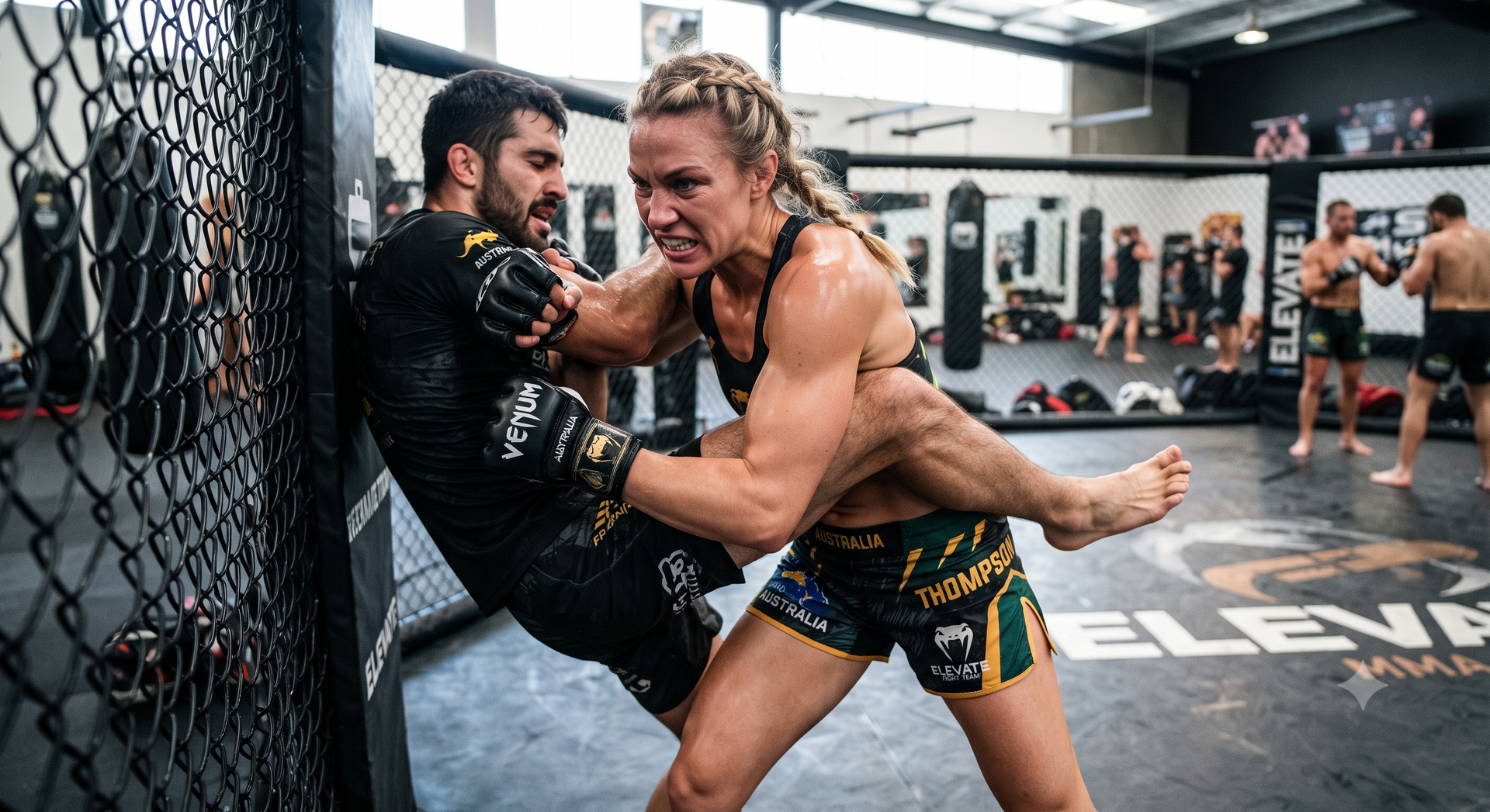 Two athletes grappling in a gym, one in black against a muscular fighter in green shorts near a chain-link fence.