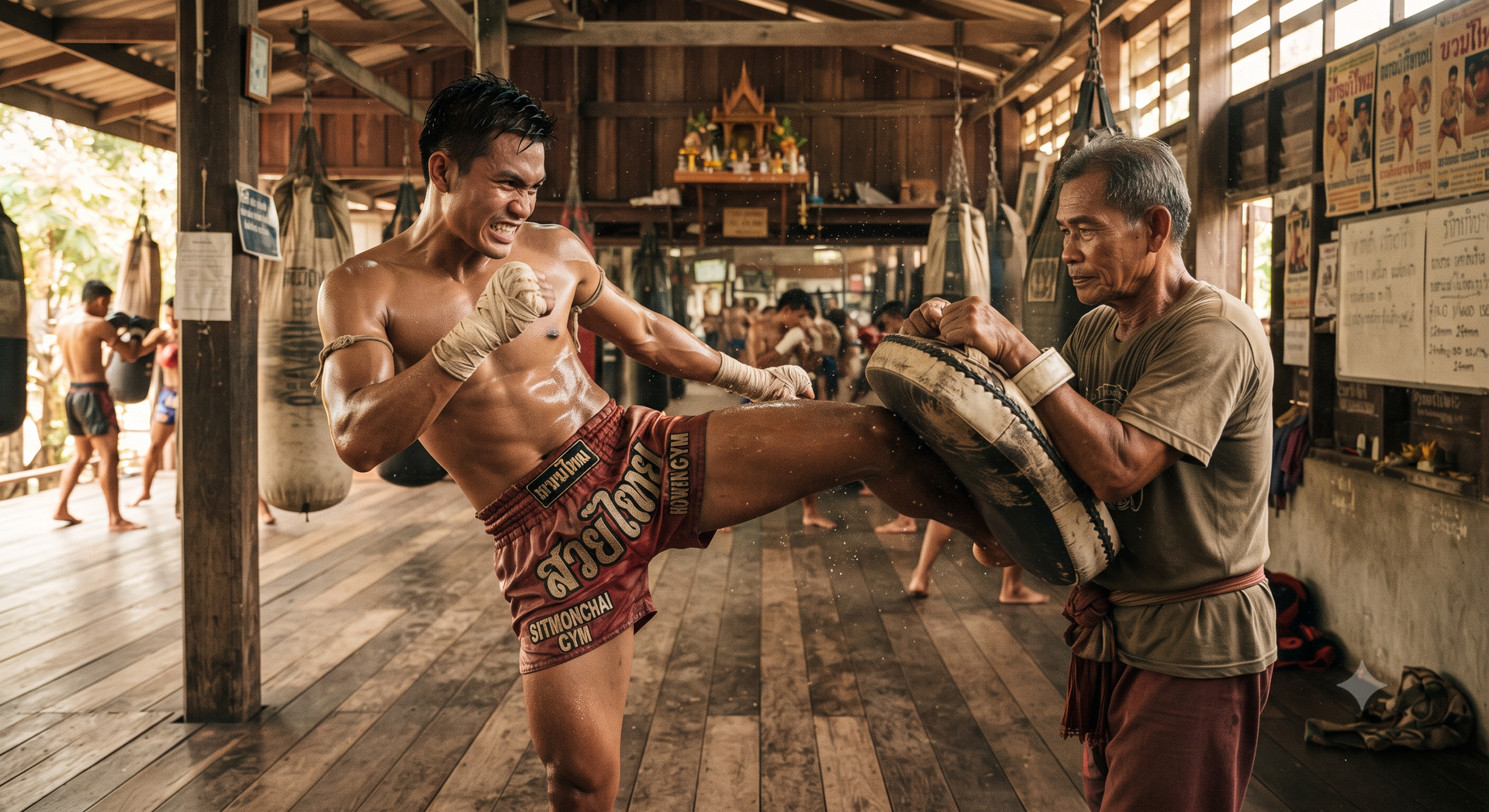 Two men practice a kick in a rustic gym, one holding pads while the other strikes them.