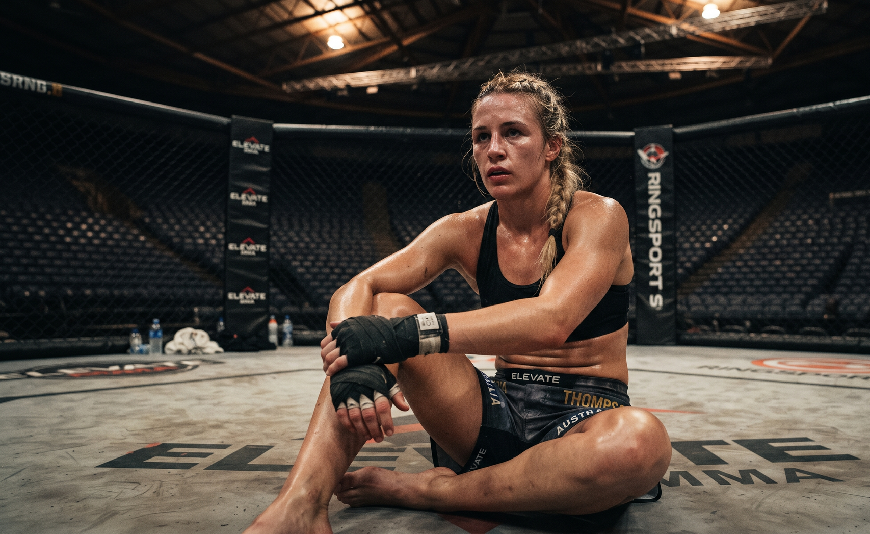 Female MMA fighter seated in a cage, wearing black gear and gloves, looking focused after a bout.