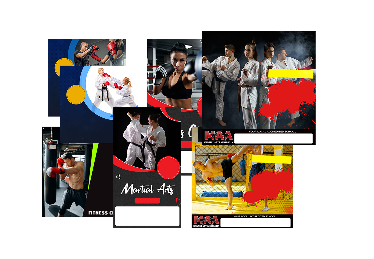 A collage of images of martial arts on a white background.
