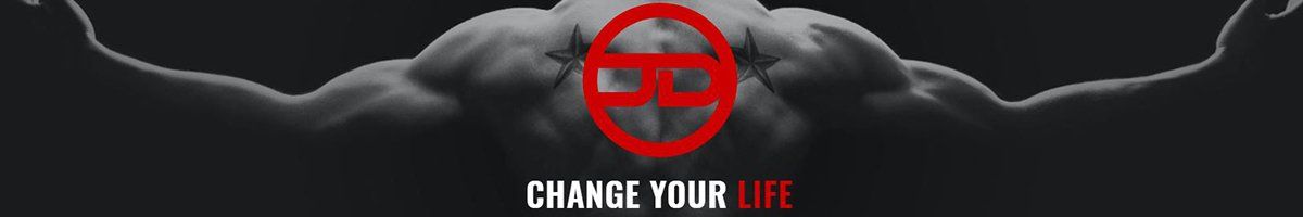 A man is flexing his muscles in front of a sign that says `` change your life ''.