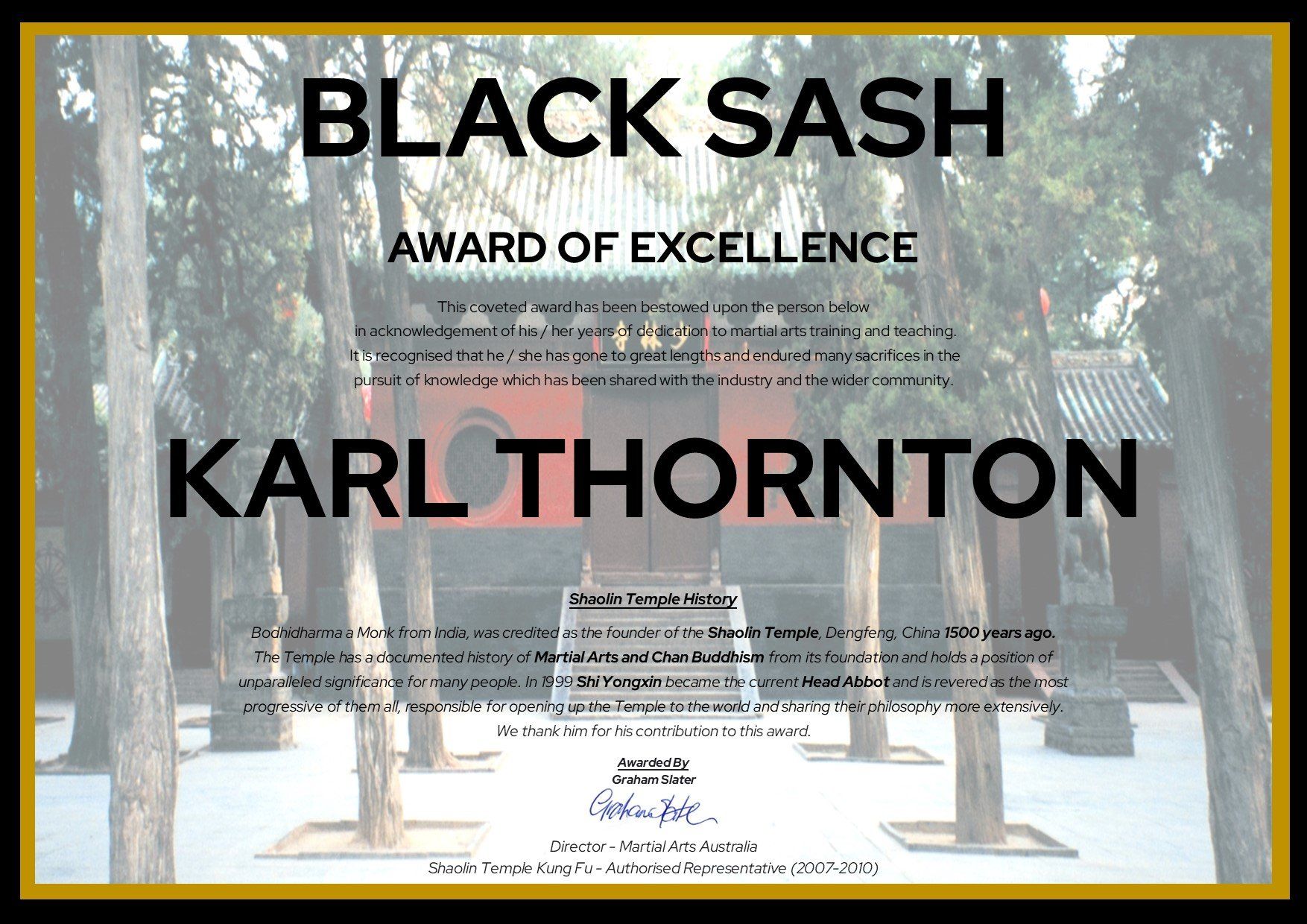 A black sash award of excellence for karl thornton