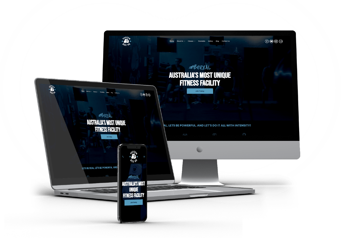 A computer , laptop , and cell phone are displaying a website.
