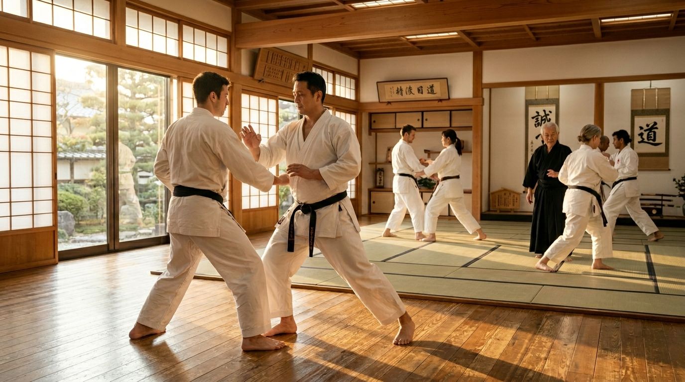 Martial arts class practicing partner drills in a bright dojo with wooden floors and mats