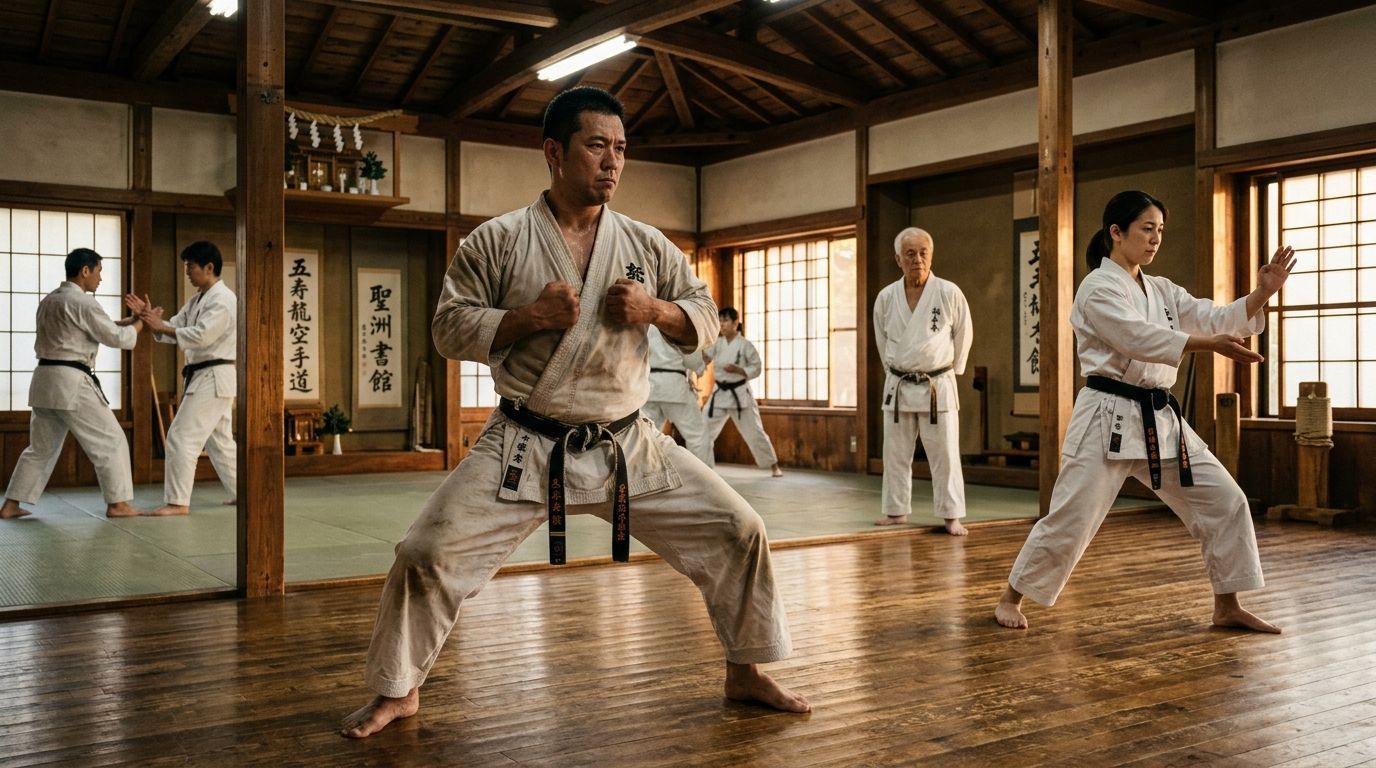 Martial artists practicing kata in a wooden dojo with mirrors and sunlight