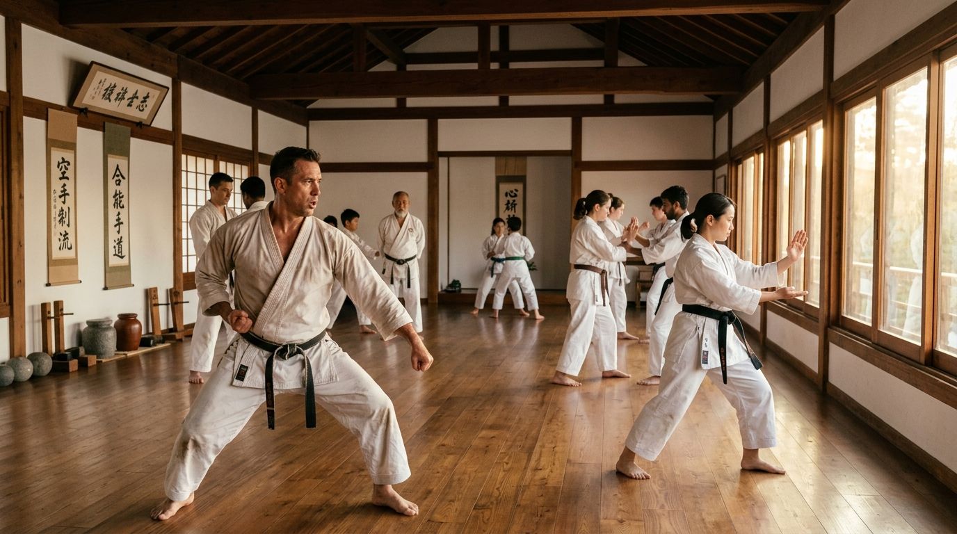 Karate class practicing sparring in a wooden dojo with large windows and wall banners