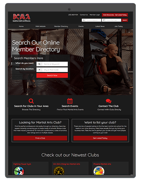 A tablet screen shows a website for a martial arts club.