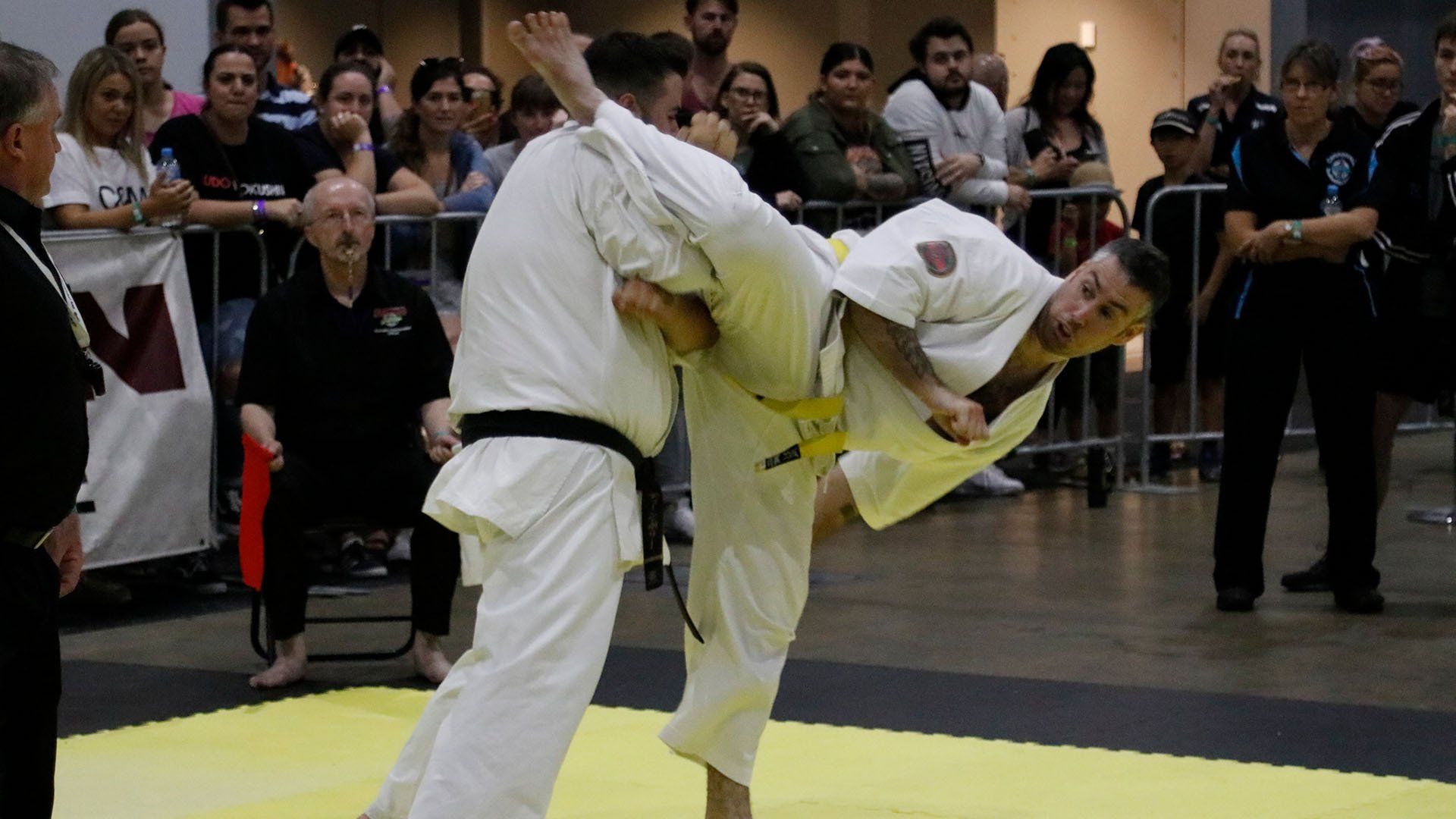 A group of people are watching a judo match between two men