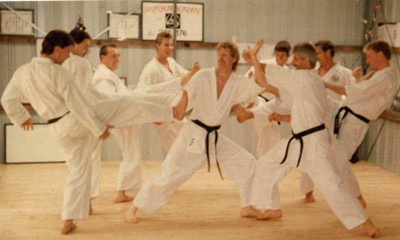 A group of men are practicing karate in a gym