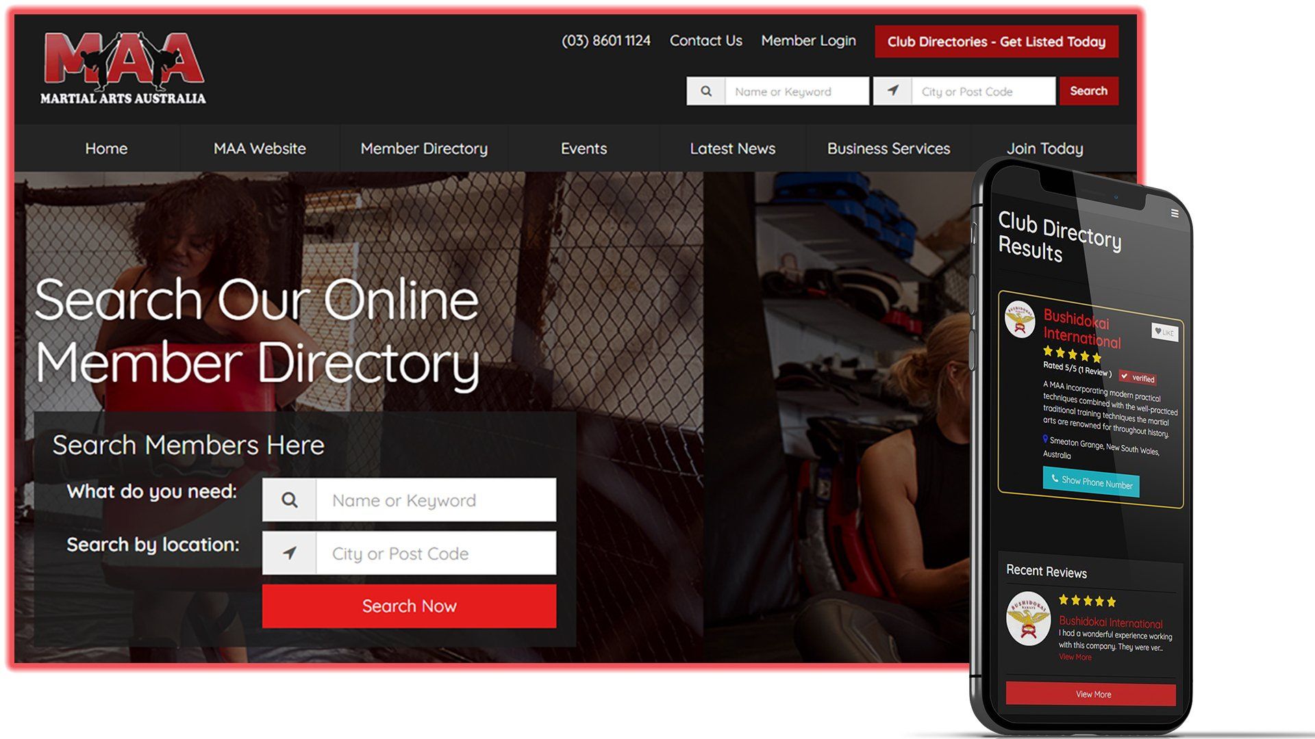 A cell phone is sitting next to a website that says `` search our online member directory ''.