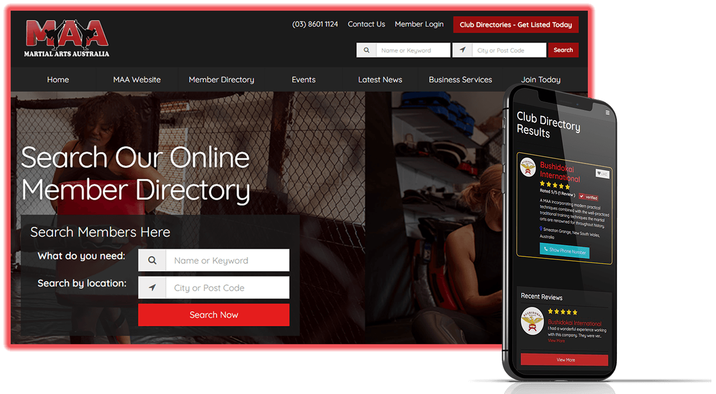 A cell phone is sitting next to a website that says `` search our online member directory ''.