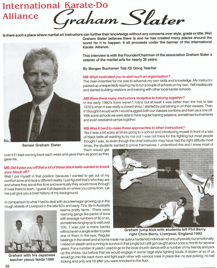 A man in a suit and tie is featured in a karate do alliance magazine.