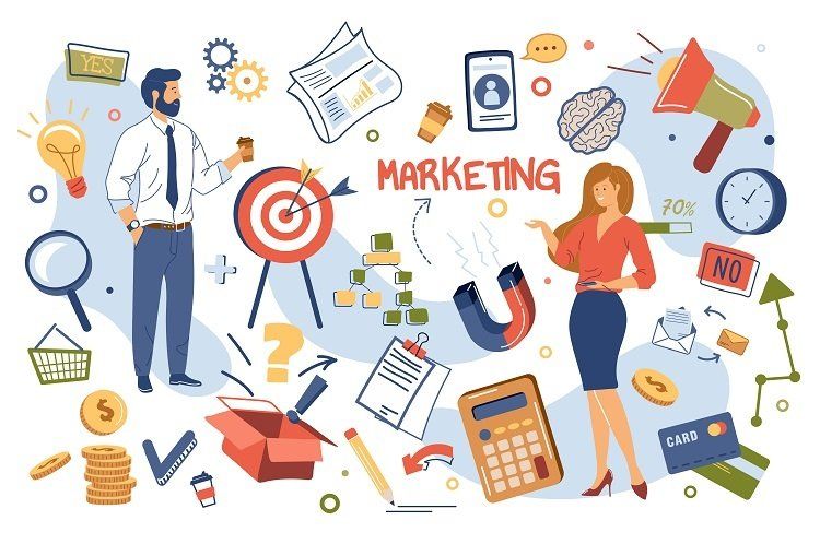A man and a woman are standing next to each other in front of a bunch of marketing icons.