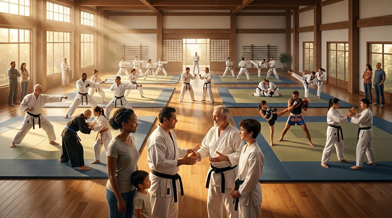 Martial arts class practicing on mats in a bright gymnasium with instructors and students