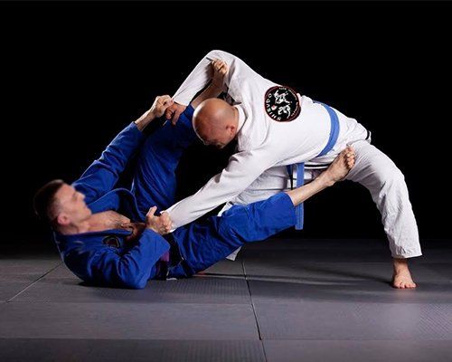 Two men are wrestling on a wrestling mat.