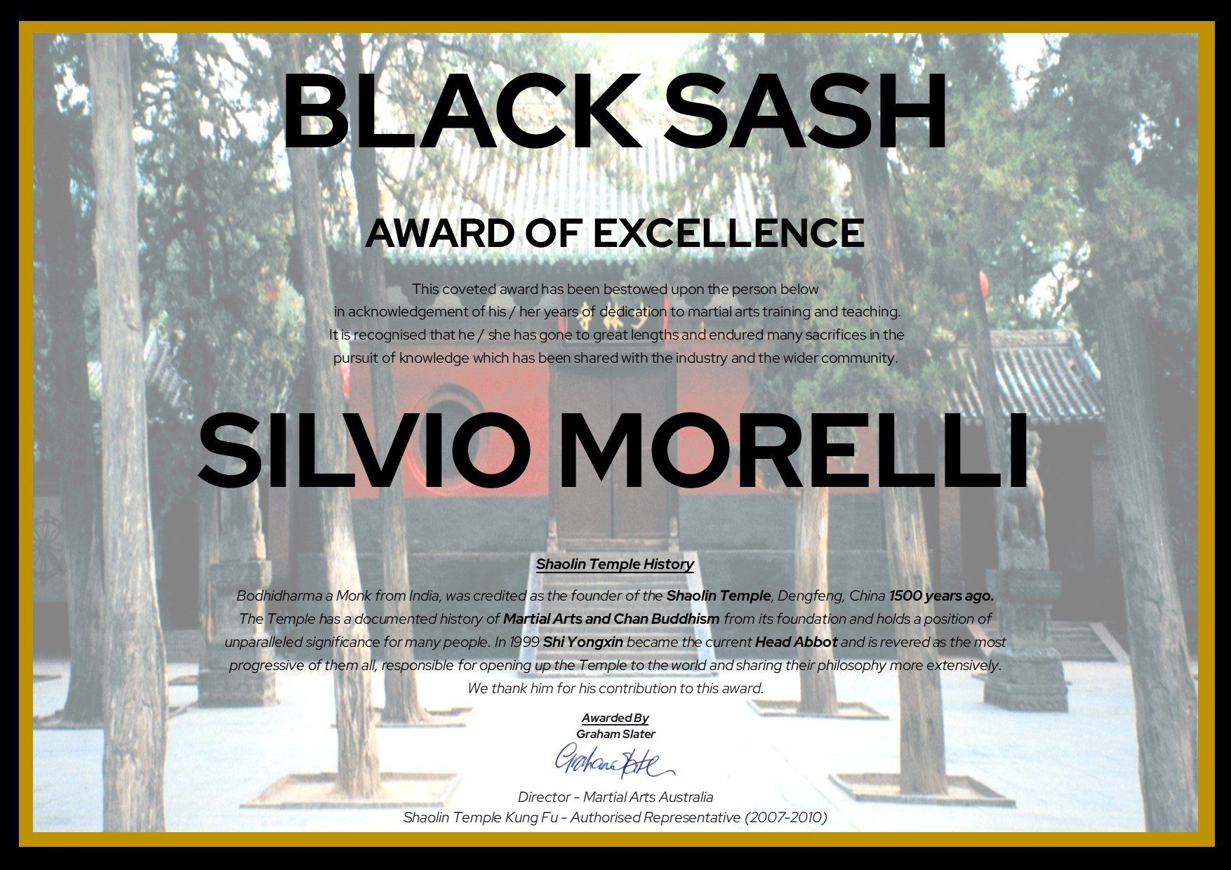 A black sash award of excellence silvio morelli