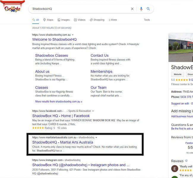 A google search for shadowbox martial arts australia