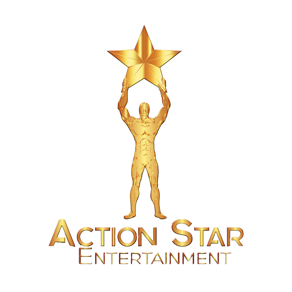 The logo for action star entertainment shows a man holding a star.