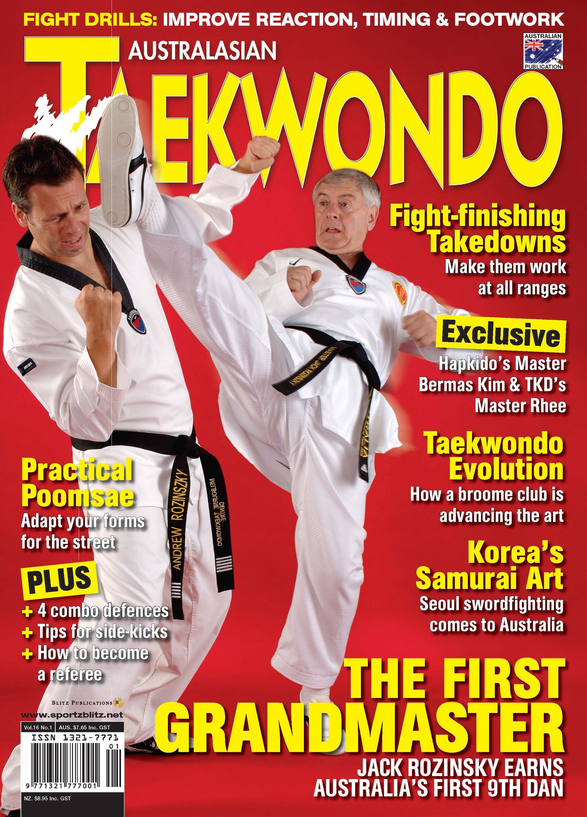 Magazine cover for Australian Taekwondo, featuring two martial artists sparring against a red background.