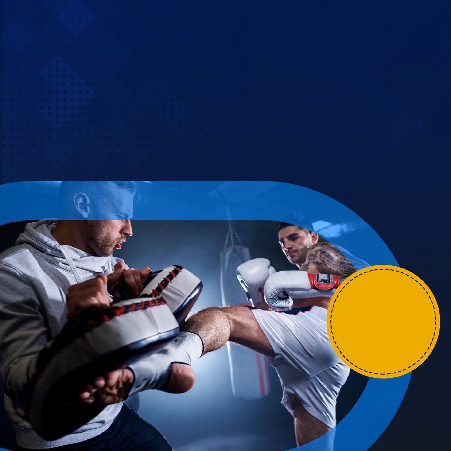 Two men are boxing in a gym with a blue background.