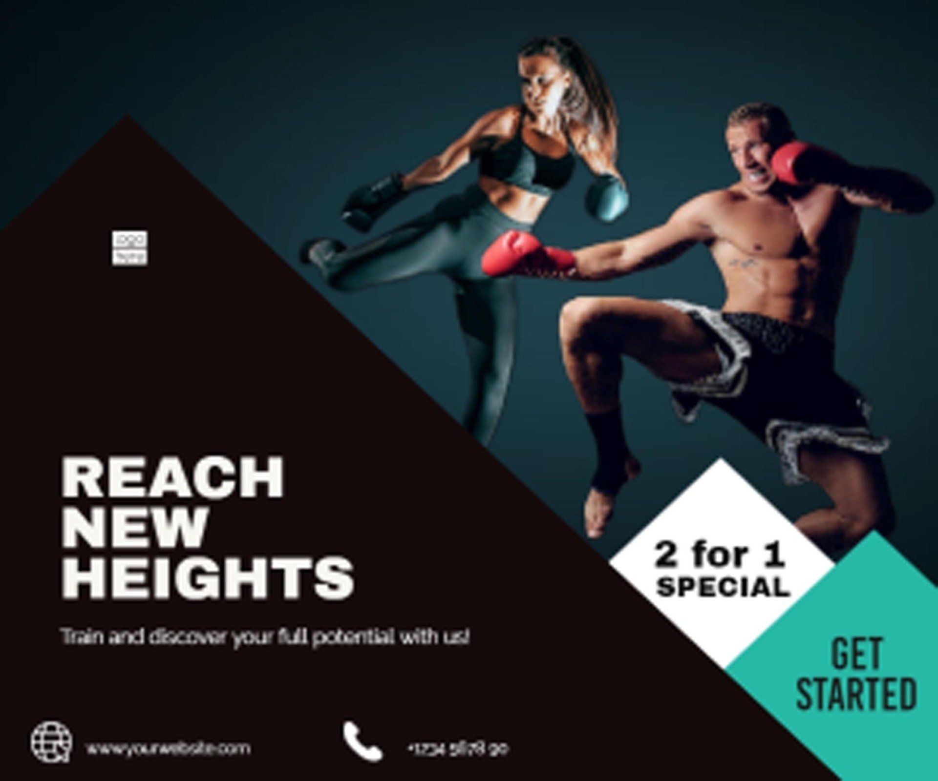 A man and a woman boxing with the words reach new heights