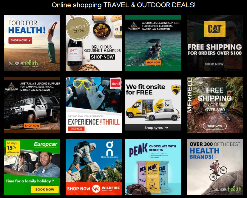 A collage of advertisements for travel and outdoor deals