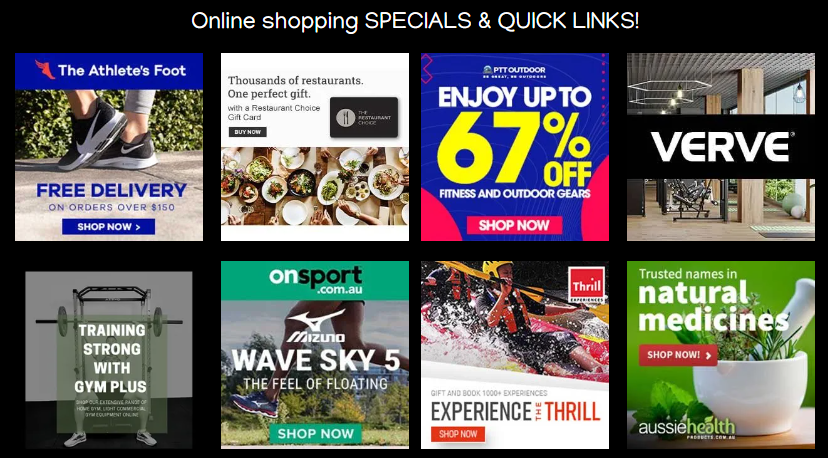 A collage of online shopping specials and quick links.