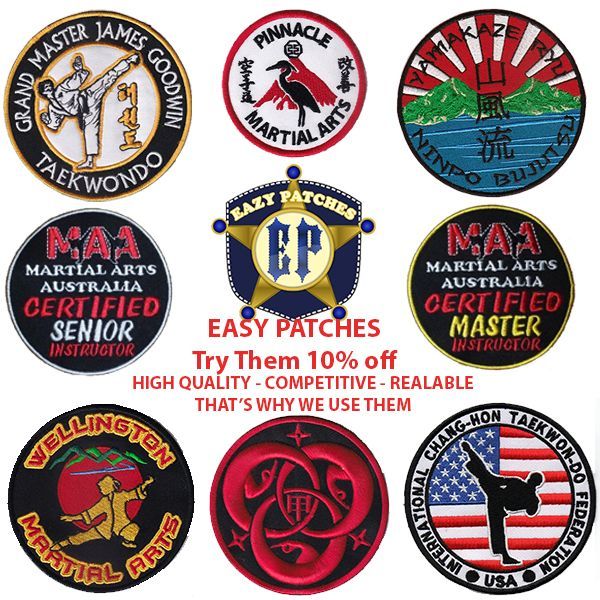 A collection of martial arts patches with one that says