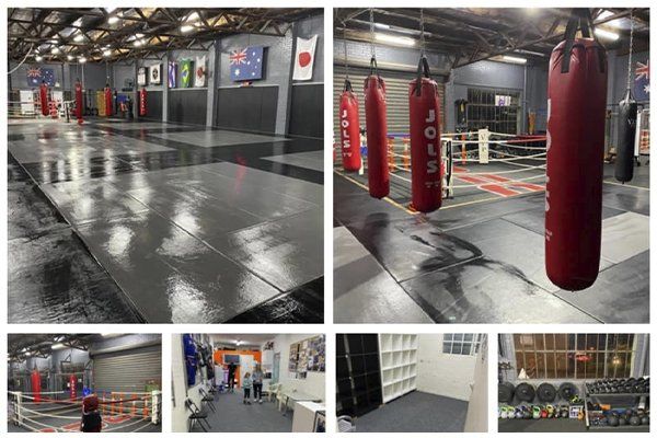 A collage of photos of a gym with boxing bags hanging from the ceiling.
