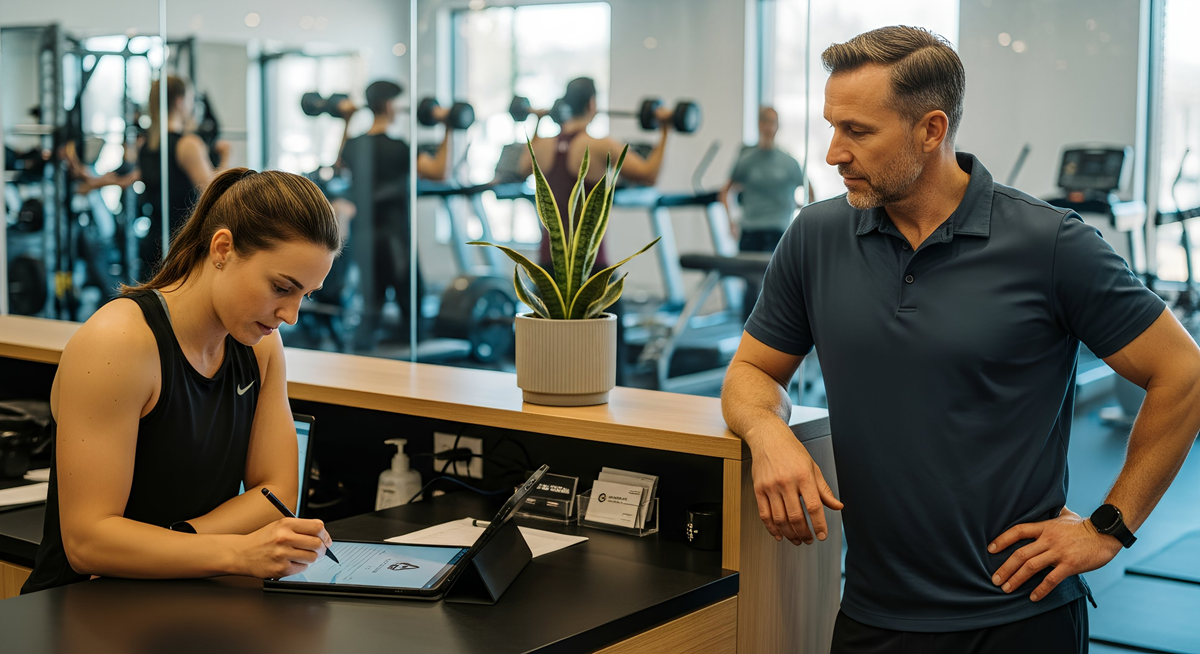 Woman writing at a gym front desk while a man leans nearby, with workout equipment in the background