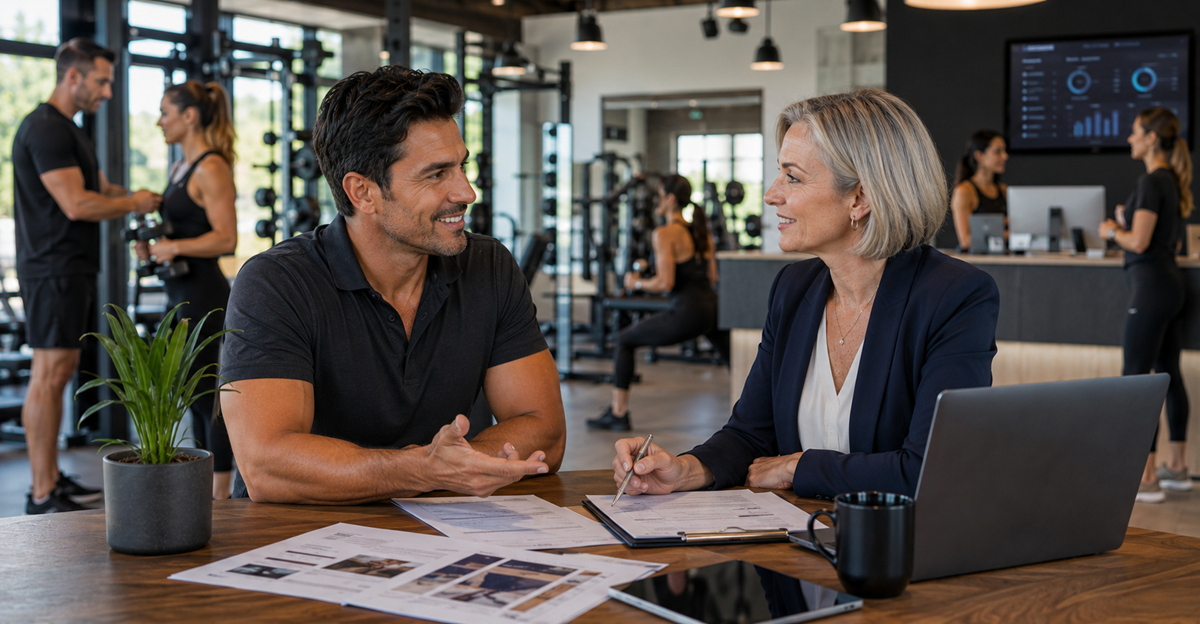 Two coworkers talking at a table in a modern office, with documents and a laptop open.