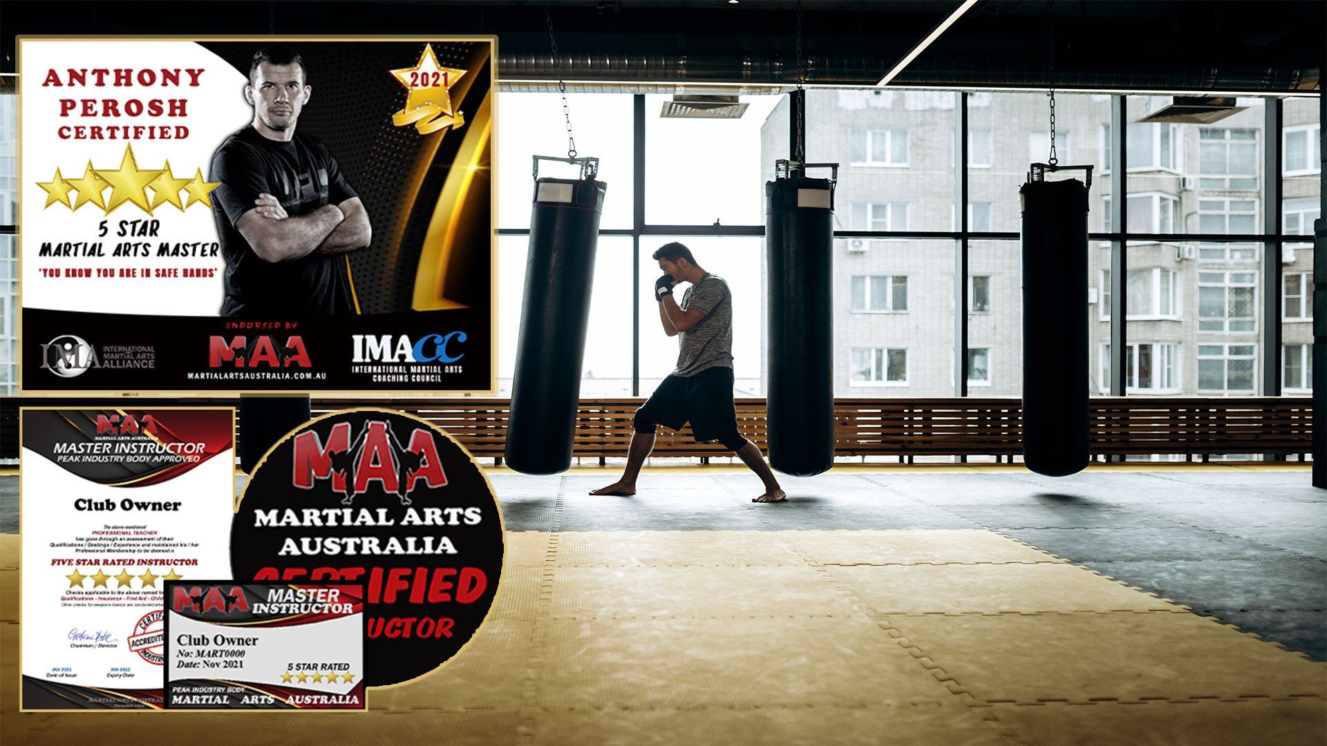 A man is practicing martial arts in a gym