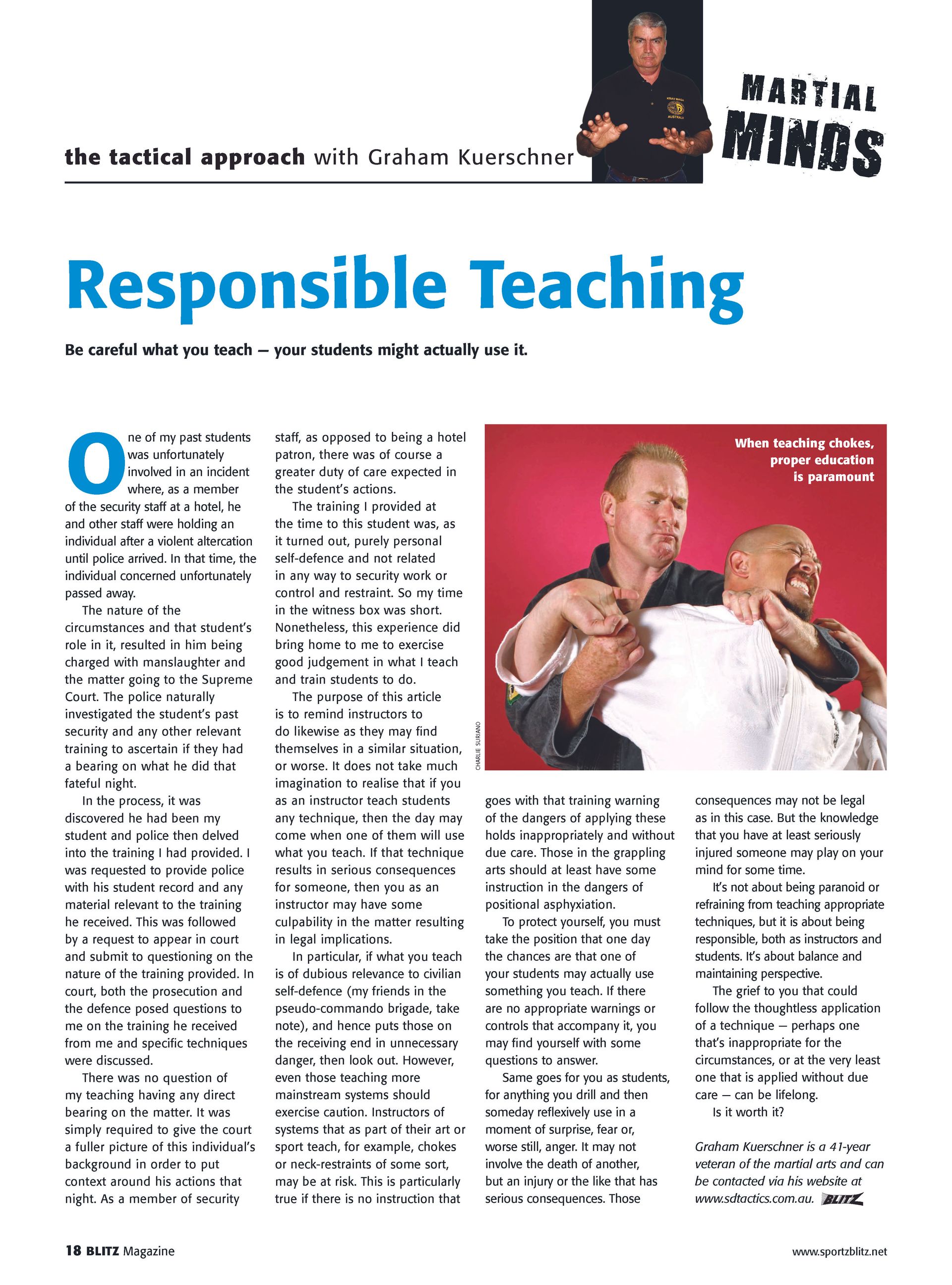 A newspaper article about responsible teaching martial minds