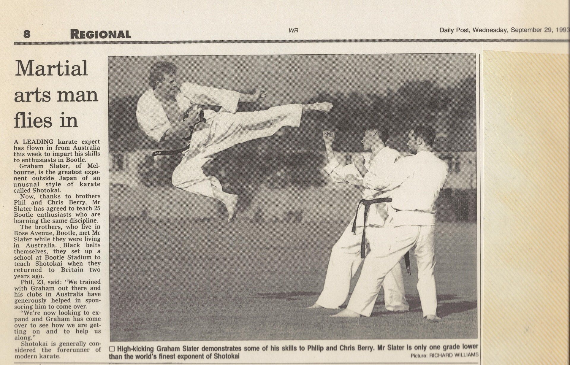 A newspaper article about martial arts man flies in