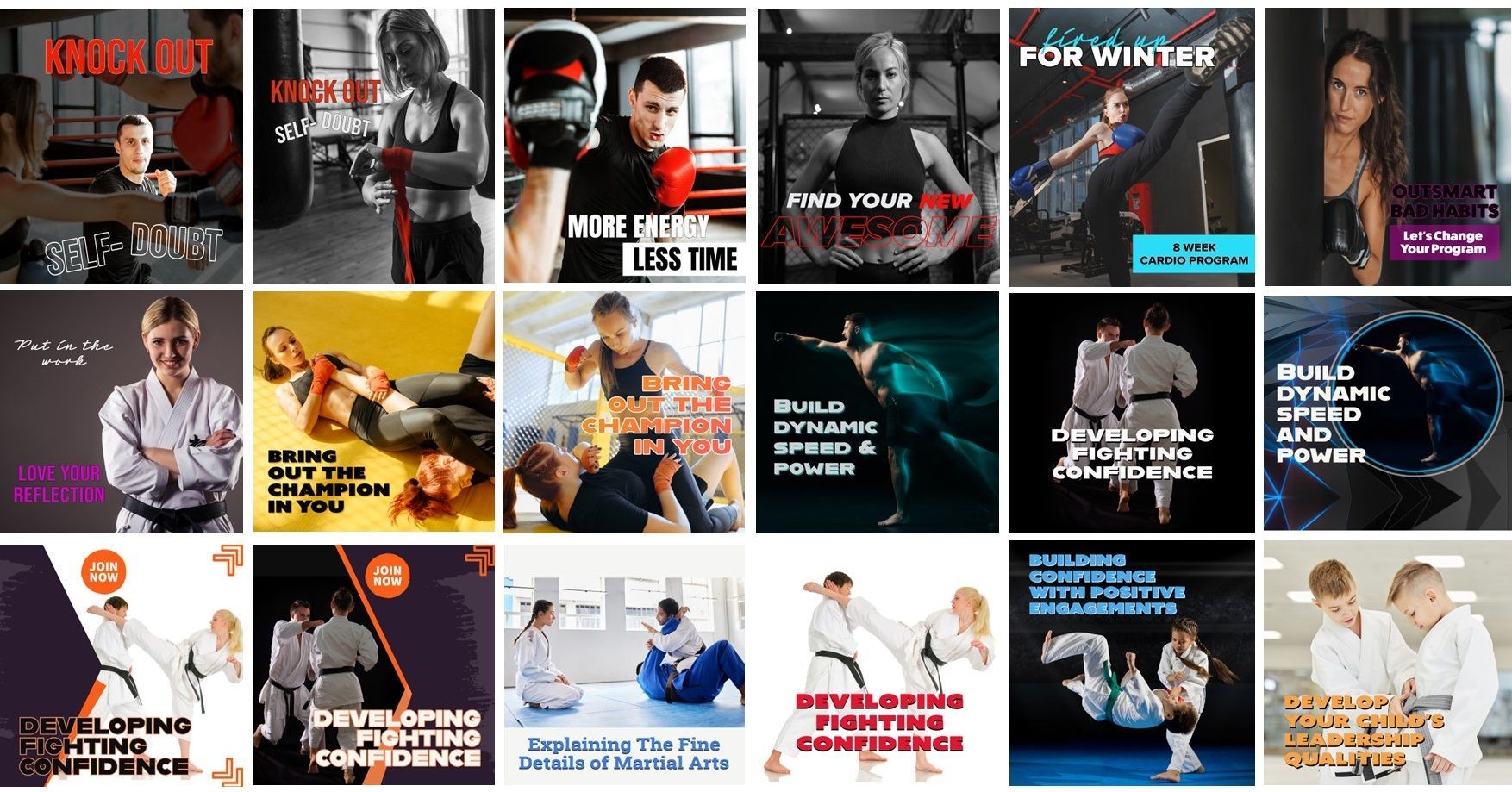 A collage of images of people doing different types of martial arts.
