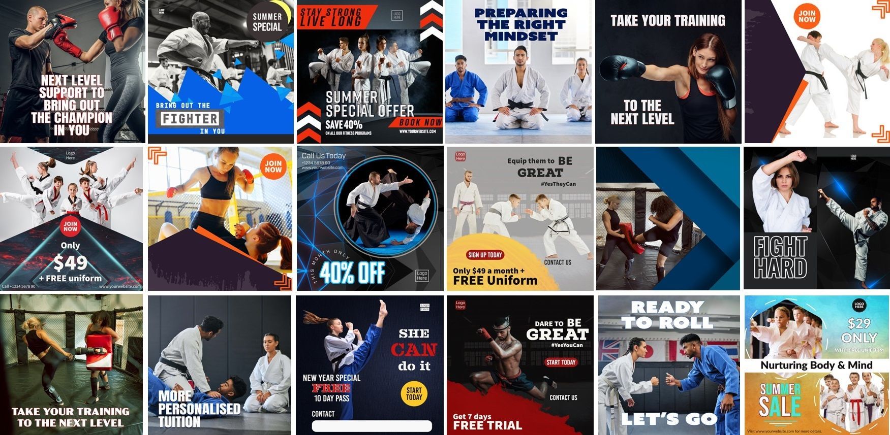 A collage of pictures of people practicing martial arts.
