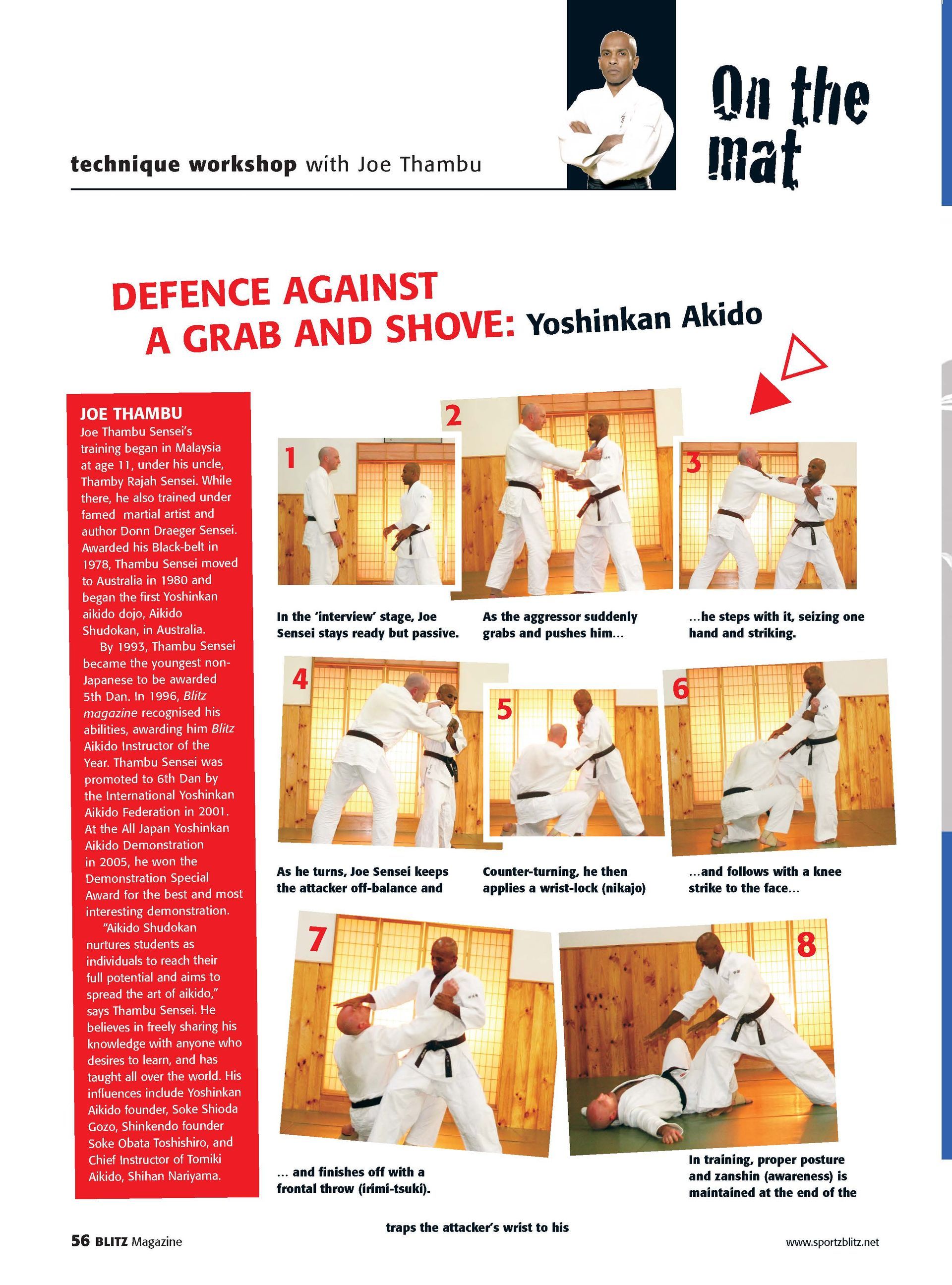 A magazine article about defence against a grab and shove.