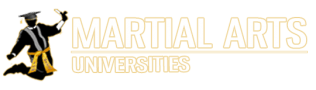 The logo for martial arts universities shows a man in a graduation cap and gown jumping in the air.