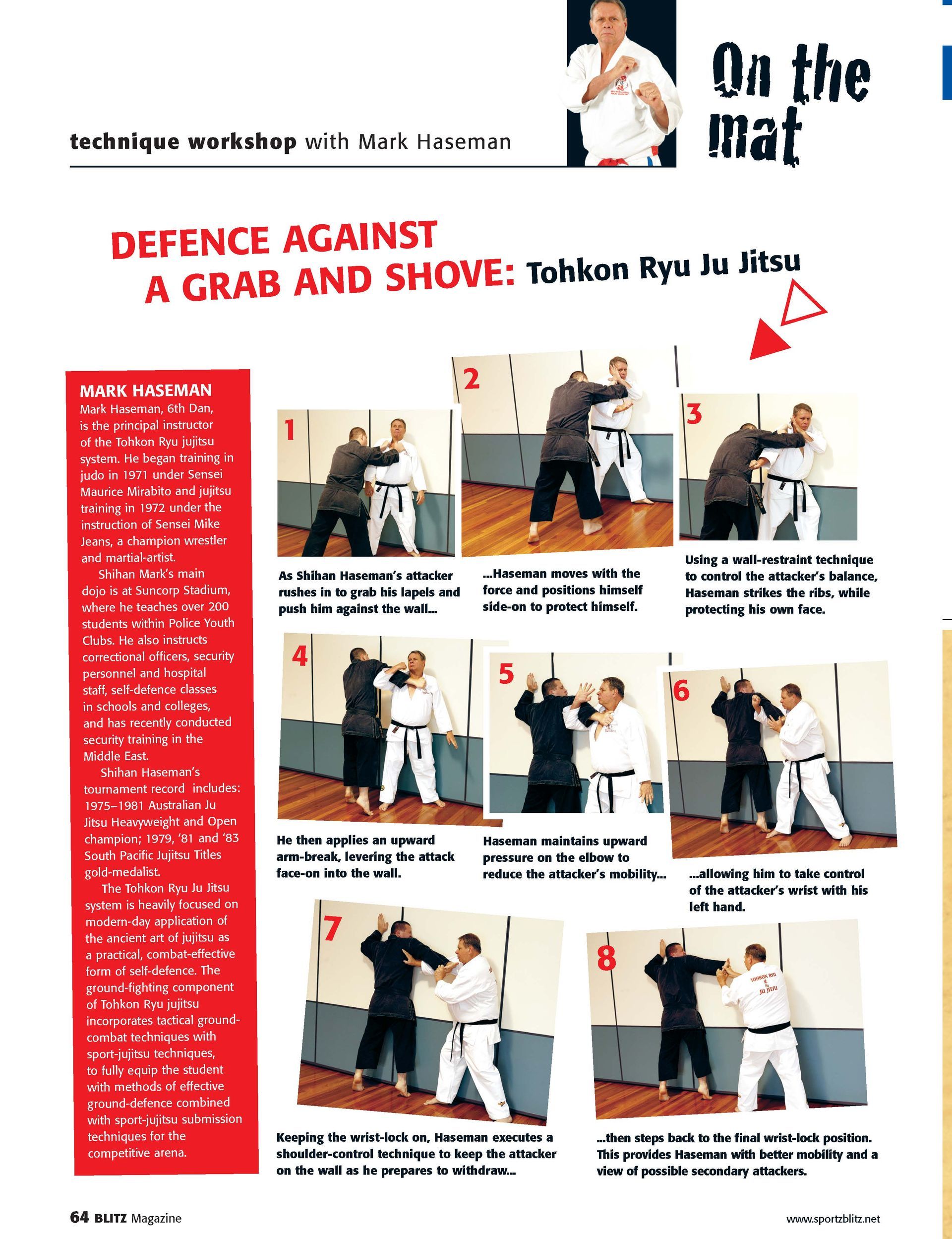 A page of a book titled on the mat defence against a grab and shove