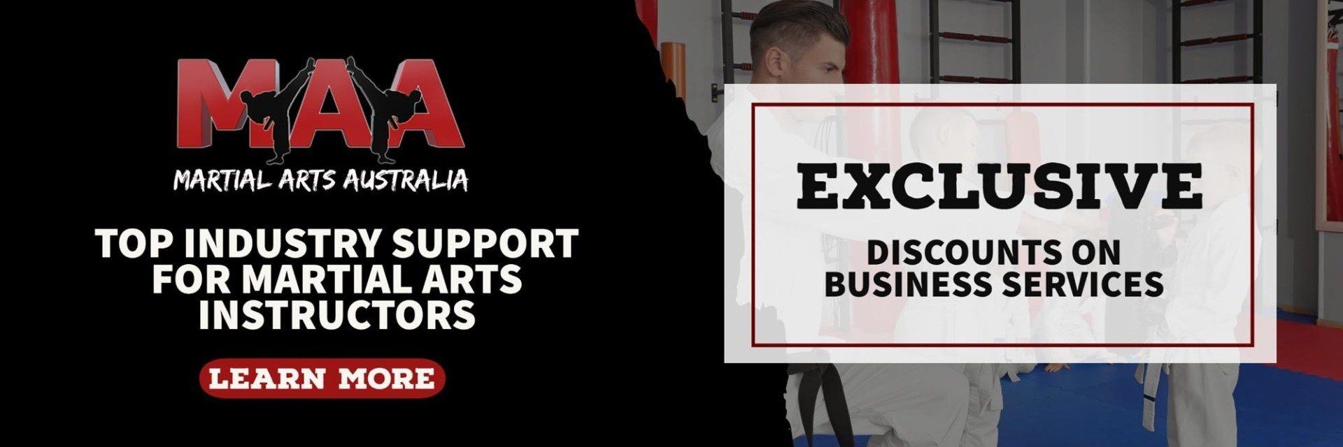 A banner for martial arts australia with a picture of a man and a sign that says exclusive discounts on business services.