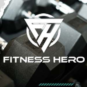 A logo for fitness hero with a triangle on a dumbbell