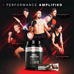A bottle of musashi high protein next to a bar