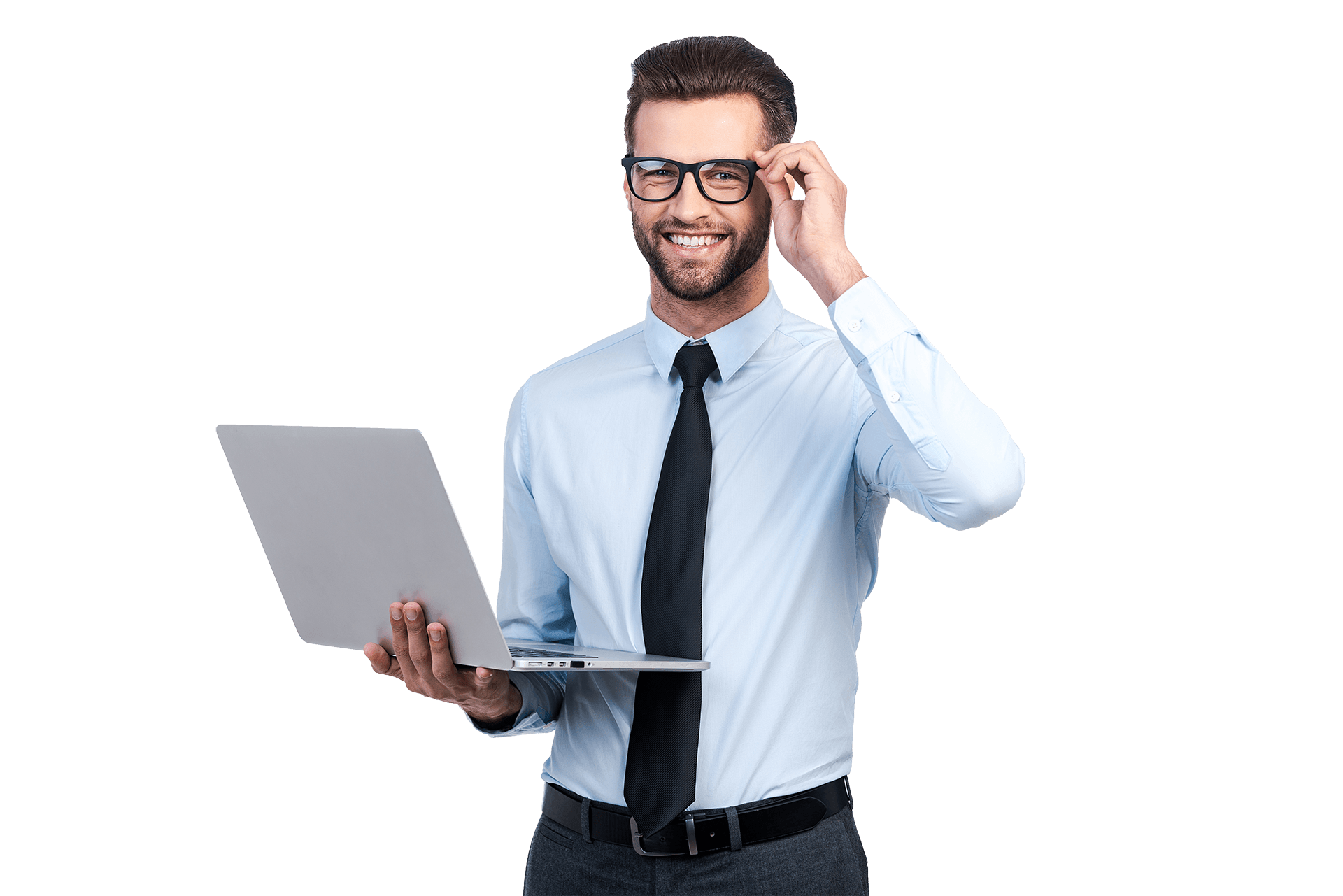 A man in a suit and tie is holding a laptop computer.