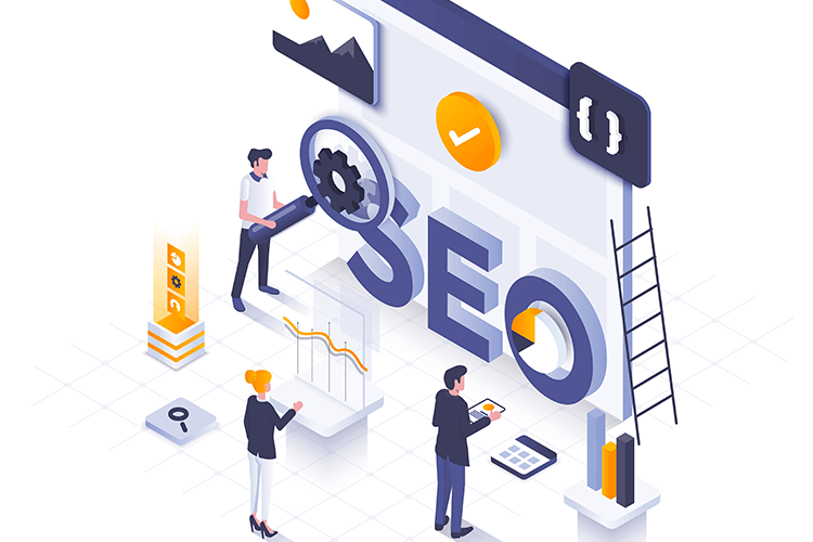 An isometric illustration of a group of people working on seo.