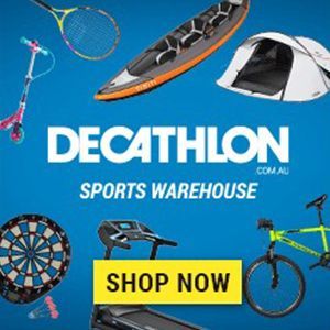 A decathlon sports warehouse advertisement with a variety of sports equipment