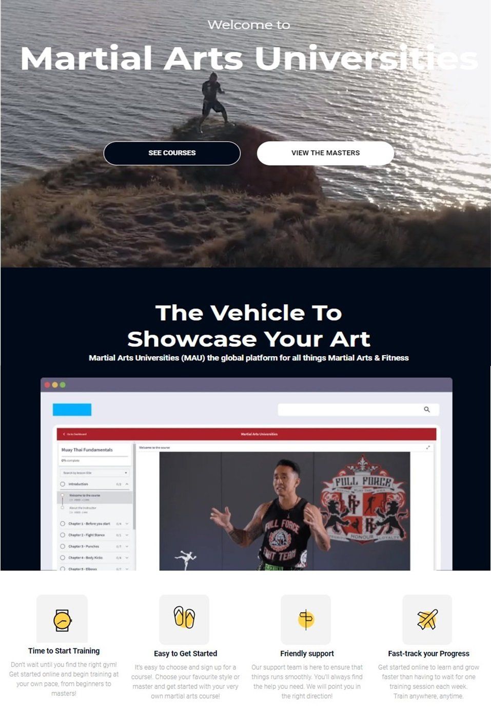 A landing page for martial arts universities shows a man standing on top of a mountain.