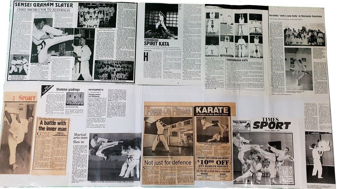 A collage of newspaper articles about karate and martial arts