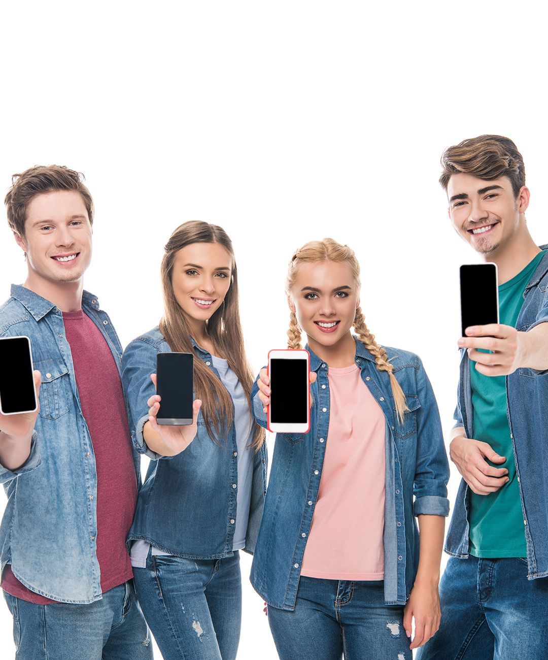 A group of young people are holding up their cell phones.