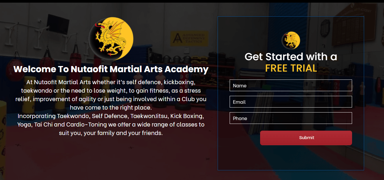 A screenshot of a website for a martial arts academy.